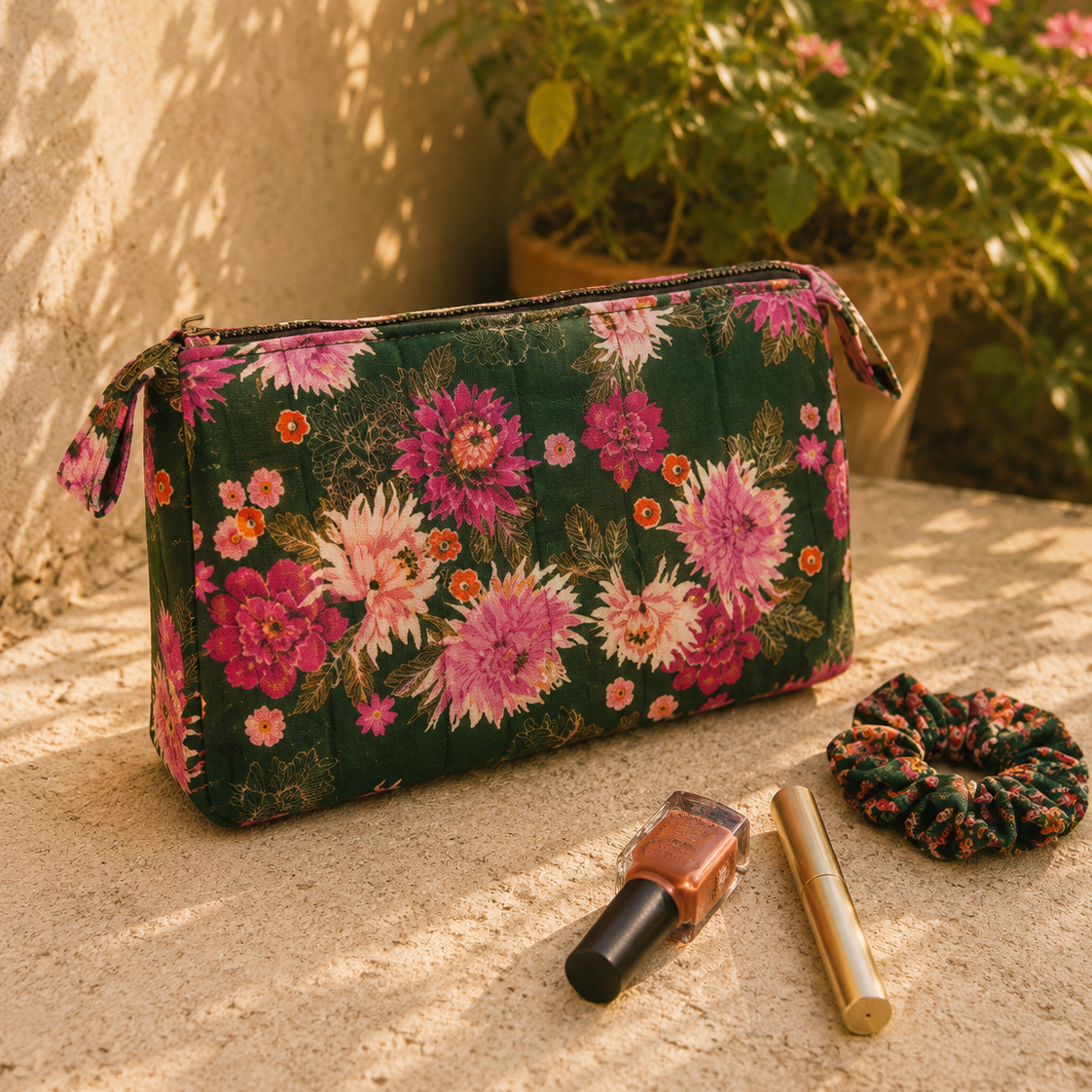 Dark Green Multicolor Floral Print Cotton Utility Kit