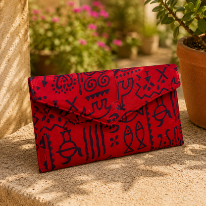 Red Warli Print Cotton Clutch