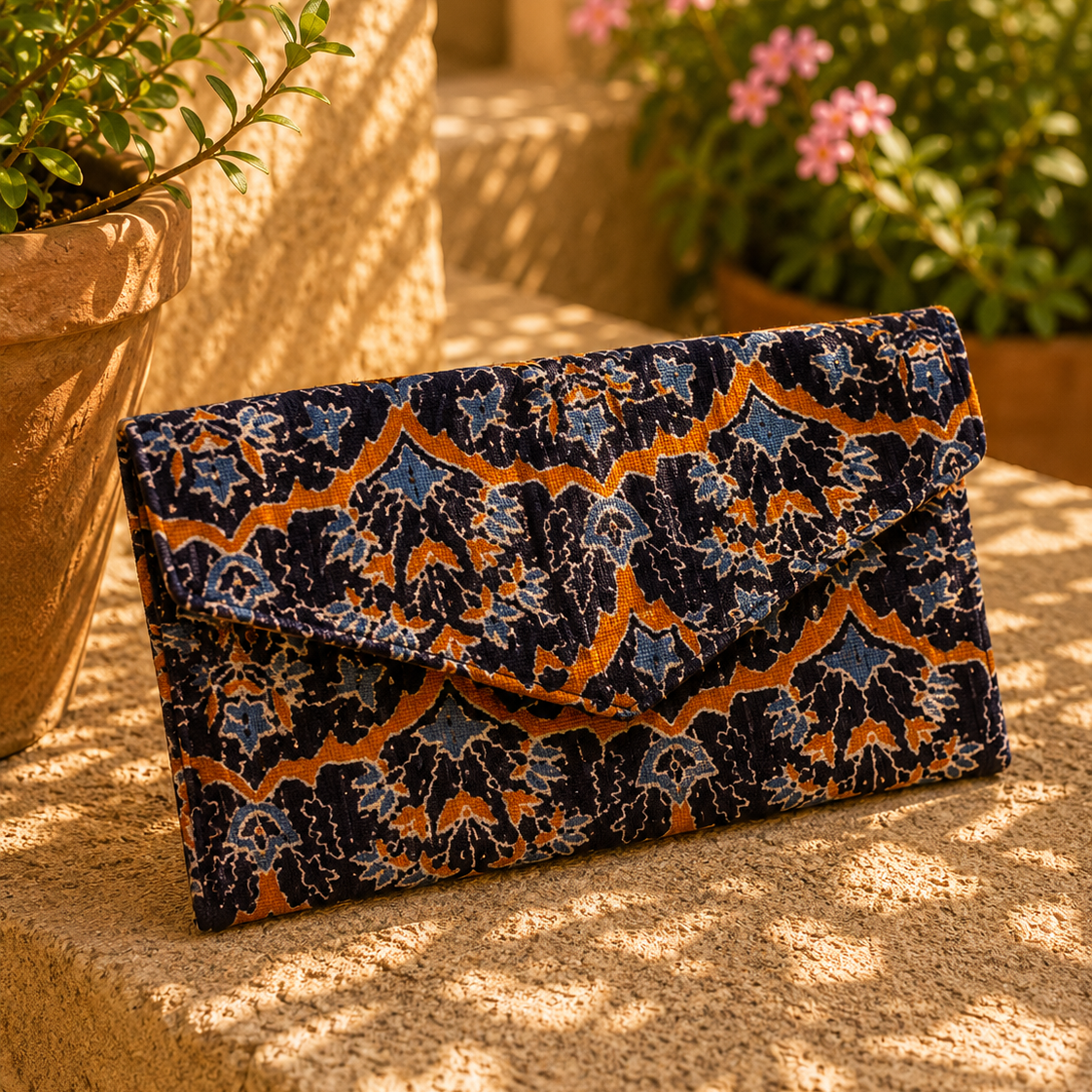 Floral Block Print Cotton Clutch