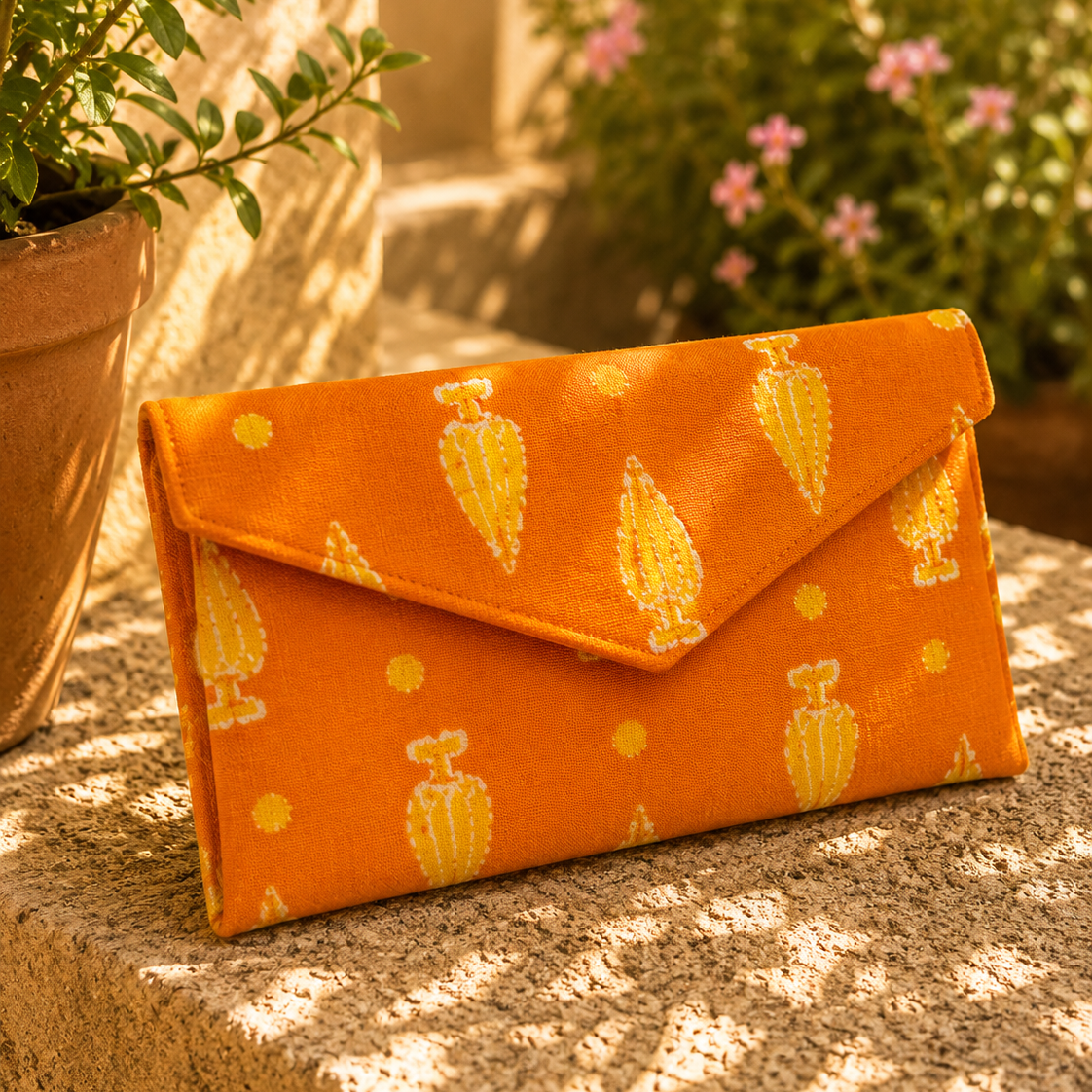 Mustard Block Print Cotton Clutch