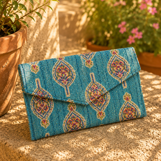 Blue Block Print Cotton Clutch