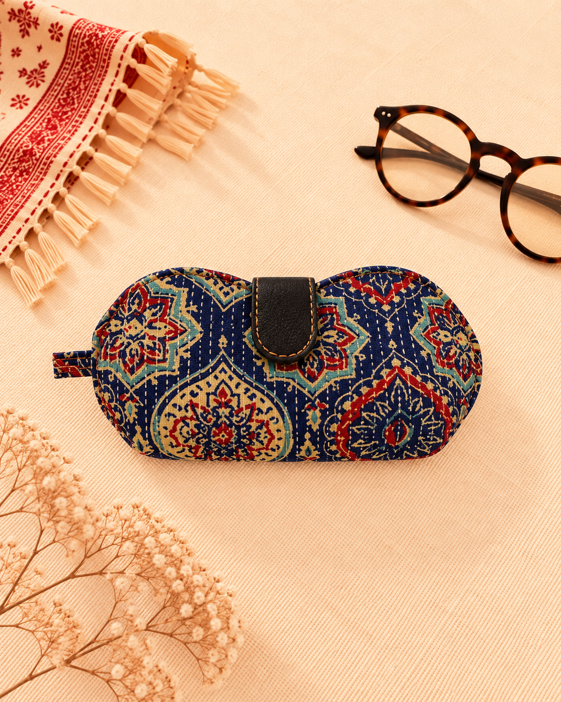 Kalamkari Print Blue & Red Handmade Sunglass Case