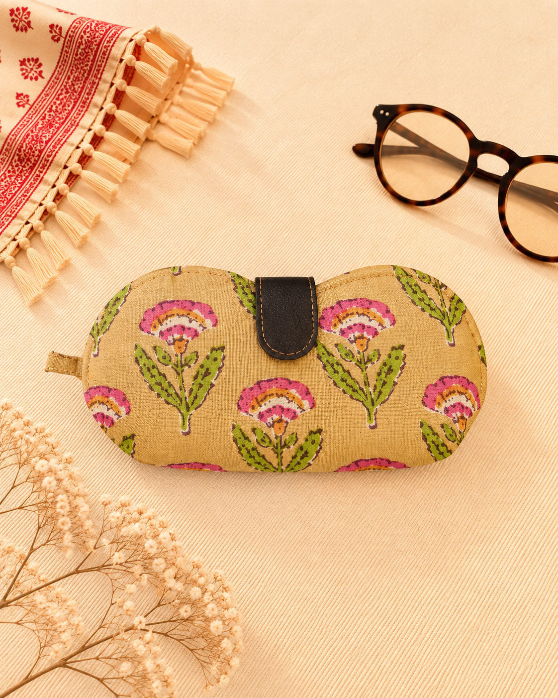 Mustard Floral Print Handmade Sunglass Case