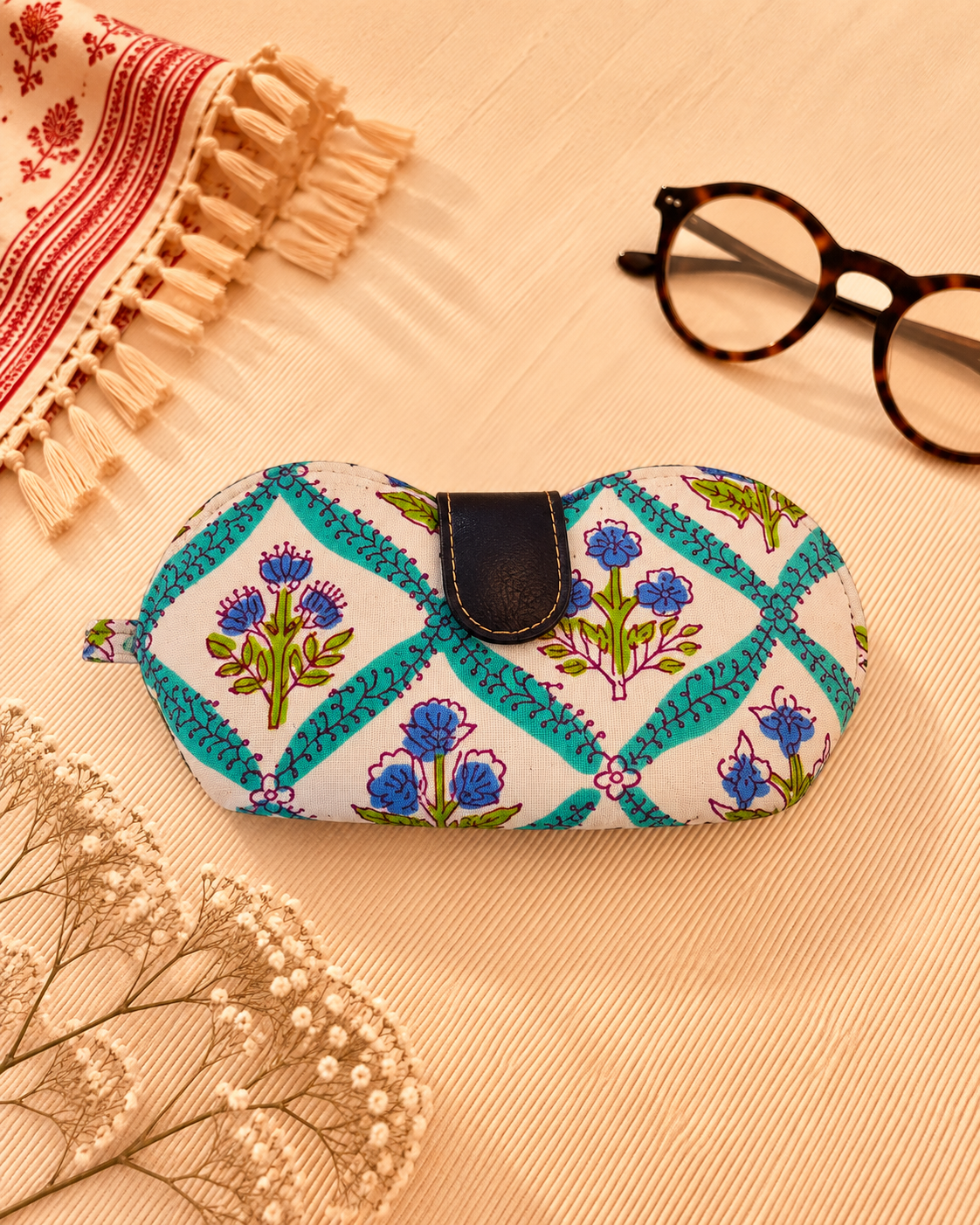 Teal Floral Block Print Handmade Sunglass Case