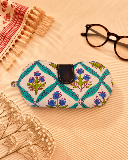 Teal Floral Block Print Handmade Sunglass Case
