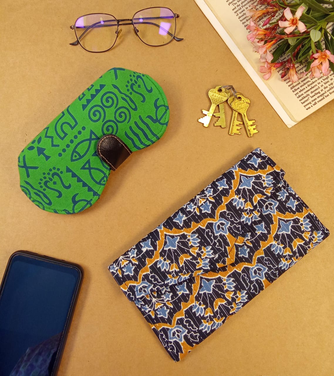 Warli Print Sunglass Case & Floral Vine Print Clutch Set