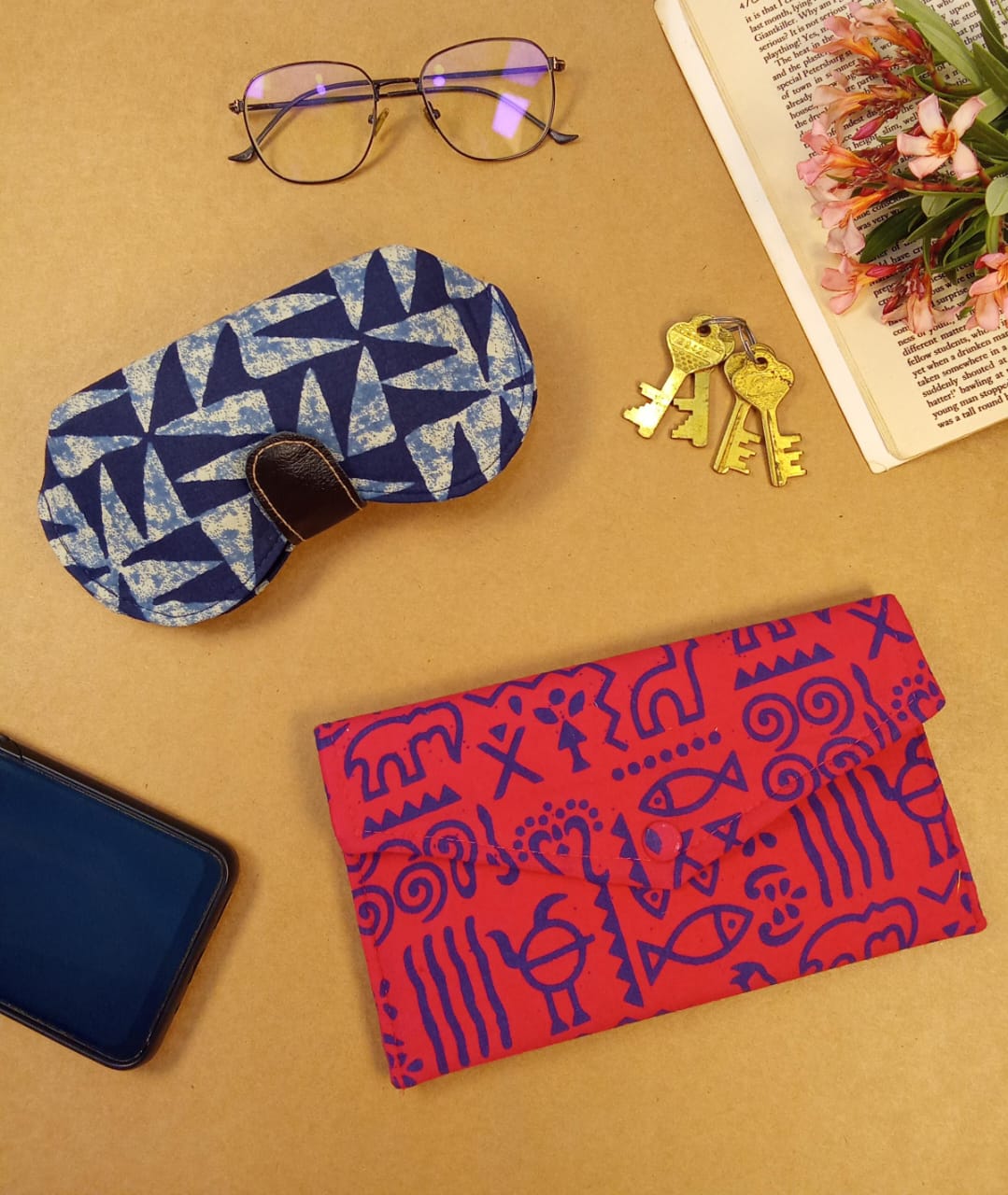 Indigo Abstract Block Print Sunglass Case & Warli Print Clutch Set