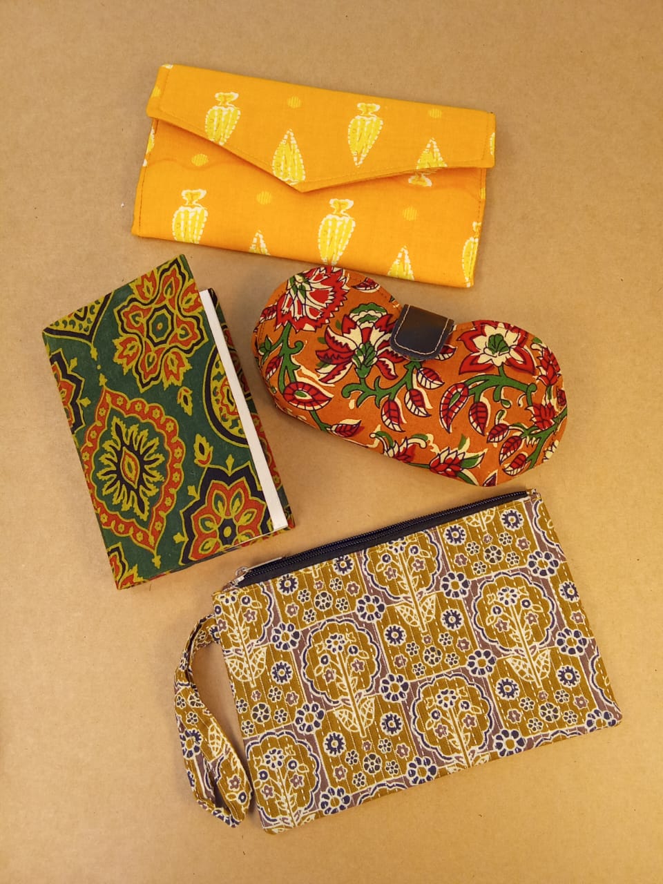 Set of Kalamkari Diary, Mustard Clutch, Floral Sunglass Case & Everyday Pouch