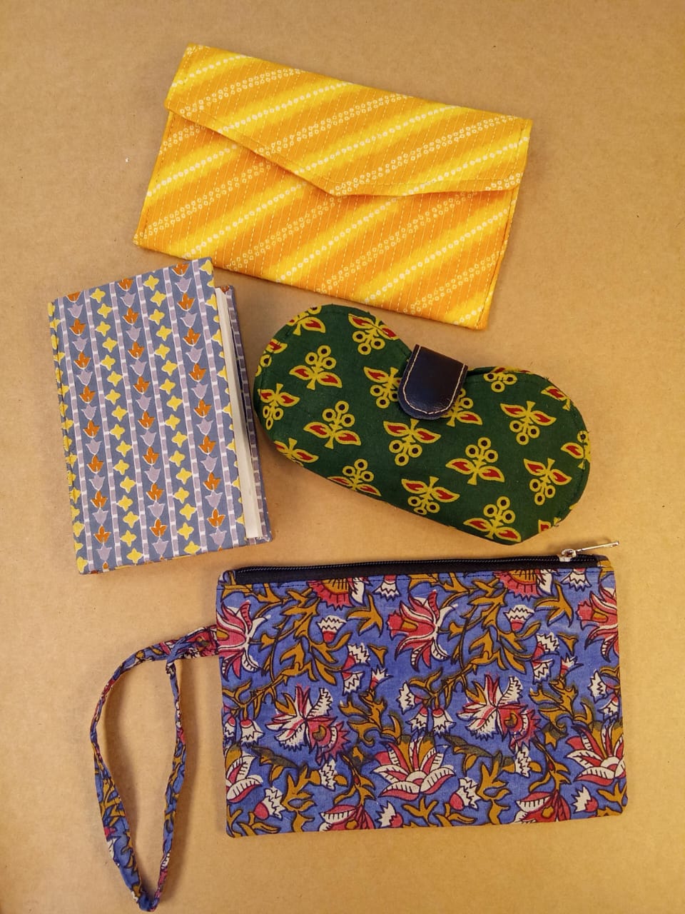 Set of Floral Diary, Motif Sunglass Case, Yellow Clutch & Kalamkari Pouch