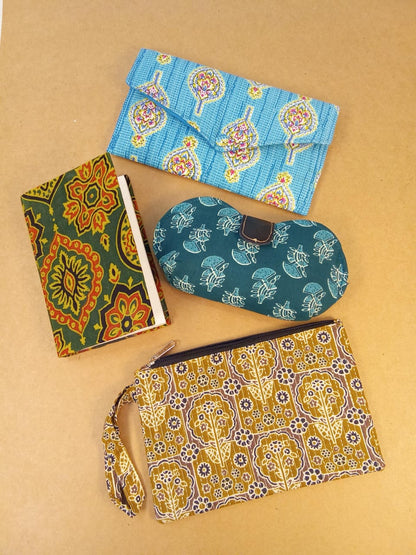 Set of Kalamkari Diary, Block print Clutch, Motif Sunglass Case & Mustard Floral Pouch