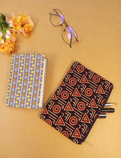 Geometric Print Diary & Tribal Motif Pouch Desk Calm Set