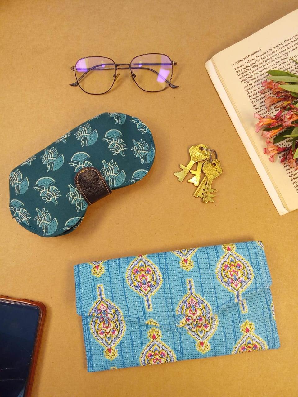 Hand Block Print Sunglass Case & Blue Block Print Clutch Set