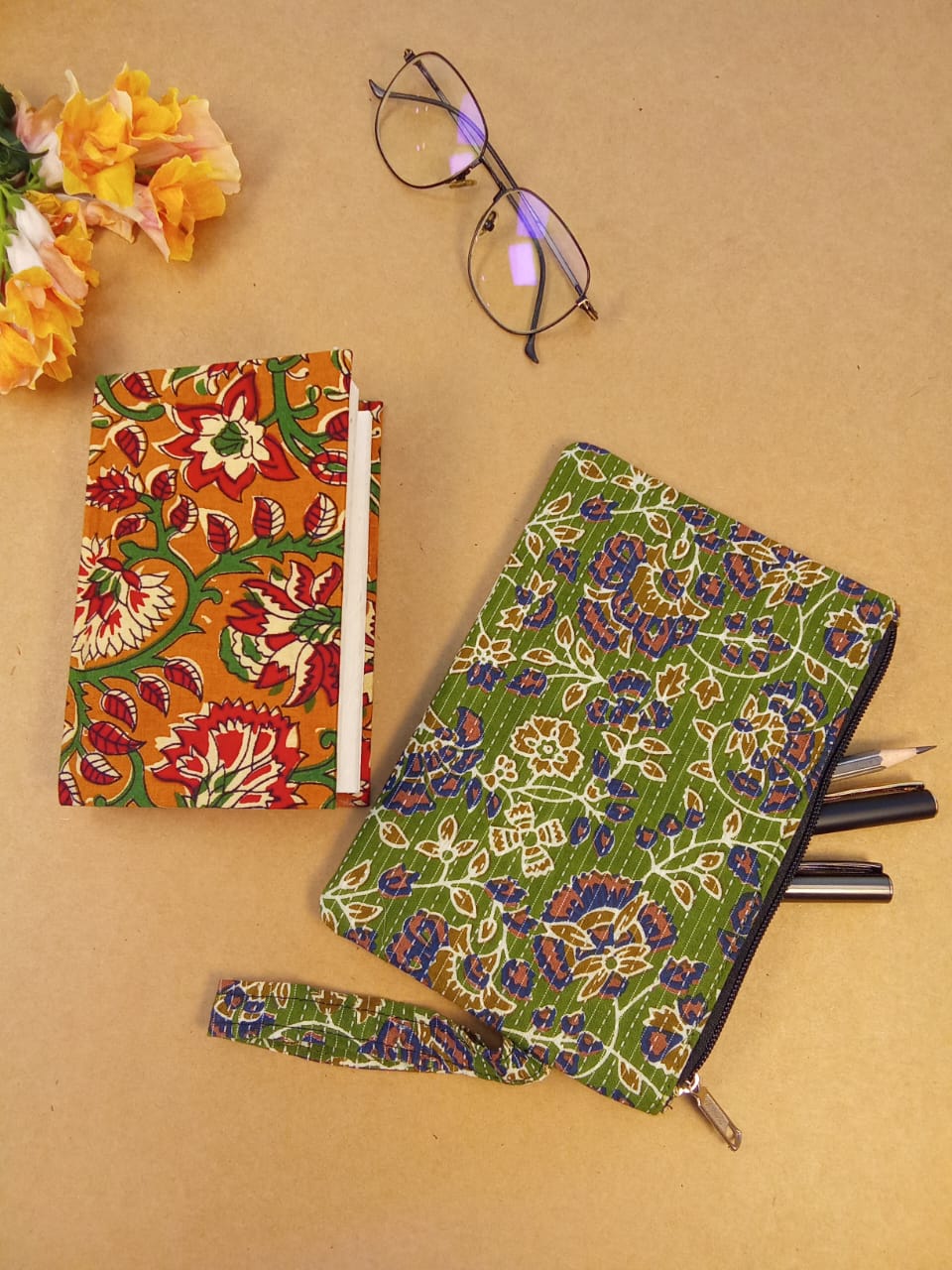 Kalamkari Diary & Floral Print Pouch Desk Calm Set
