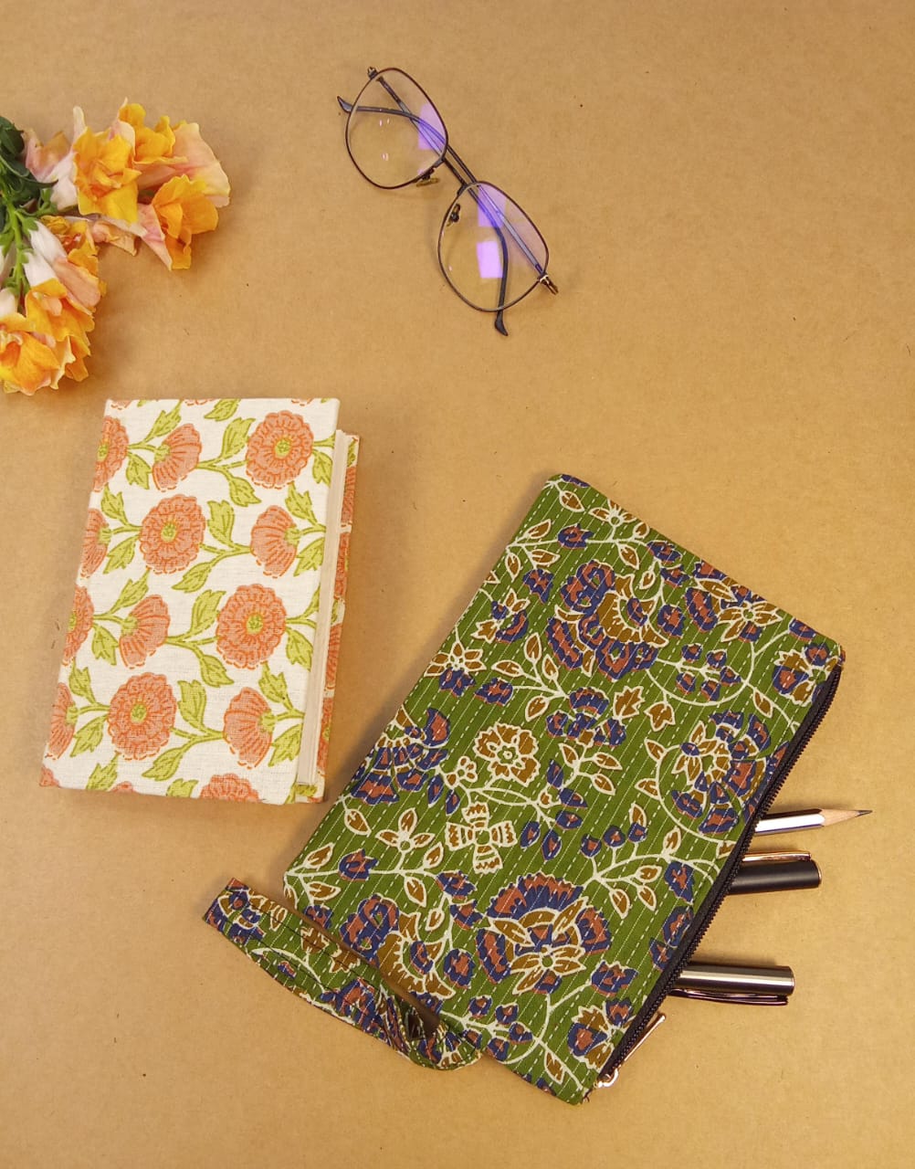 Floral Diary & Kalamkari Pouch Desk Calm Set