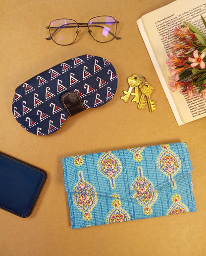 Blue Motif Print Sunglass Case & Block Print Clutch Set