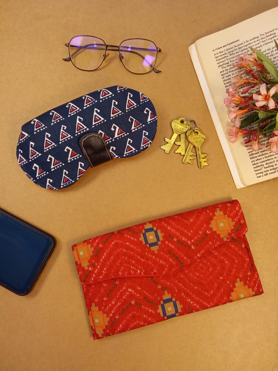 Blue Motif Sunglass Case & Block Print Clutch Set
