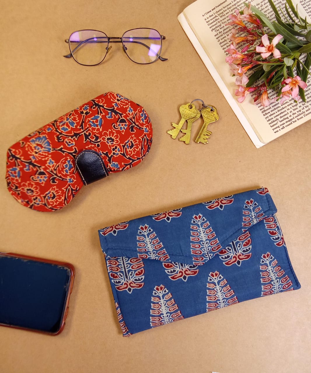 Kalamkari Print Sunglass Case & Geometric Block Print Clutch Set