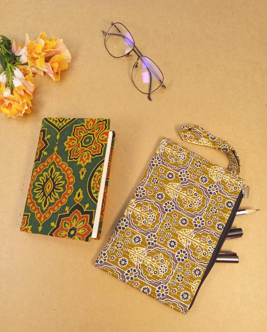 Kalamkari Diary & Mustard Floral Pouch Desk Calm Set