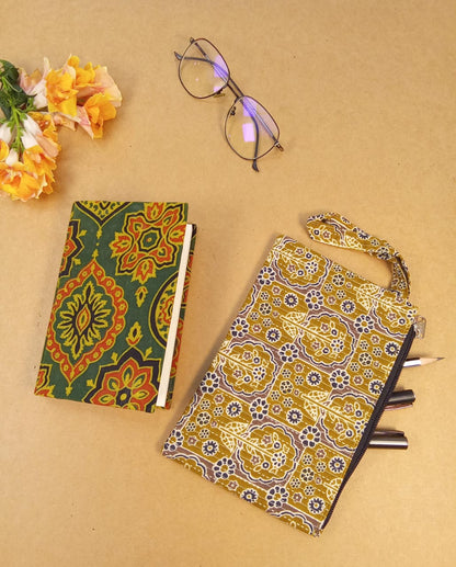 Kalamkari Diary & Mustard Floral Pouch Desk Calm Set