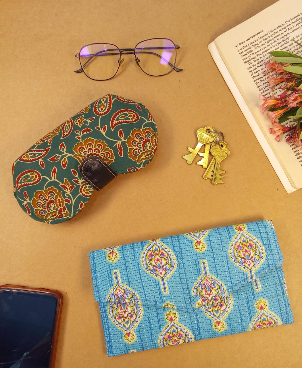 Kalamkari Print Sunglass Case & Blue Block Print Clutch Set