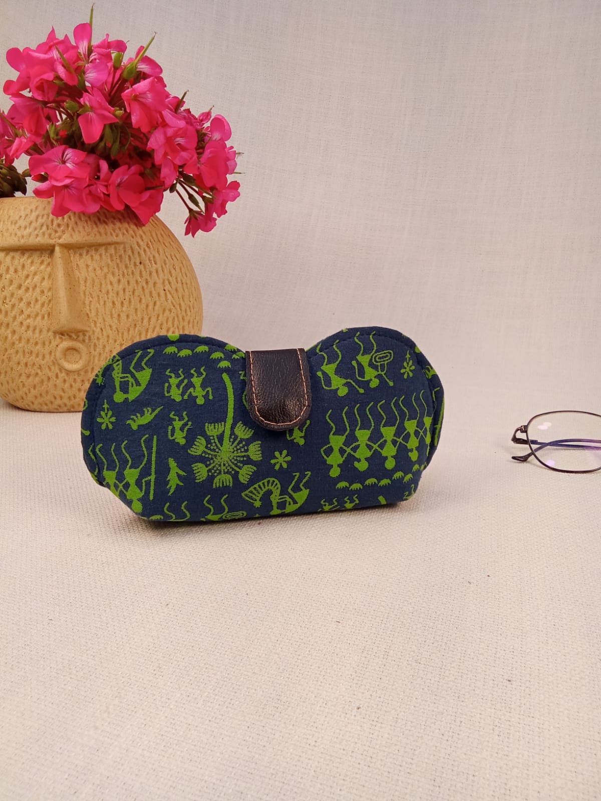 Warli Print Blue and Green Handmade Sunglass Case
