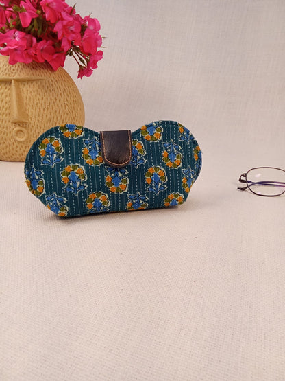 Hand Block Print Blue Handmade Sunglass Case with Kantha Stitching
