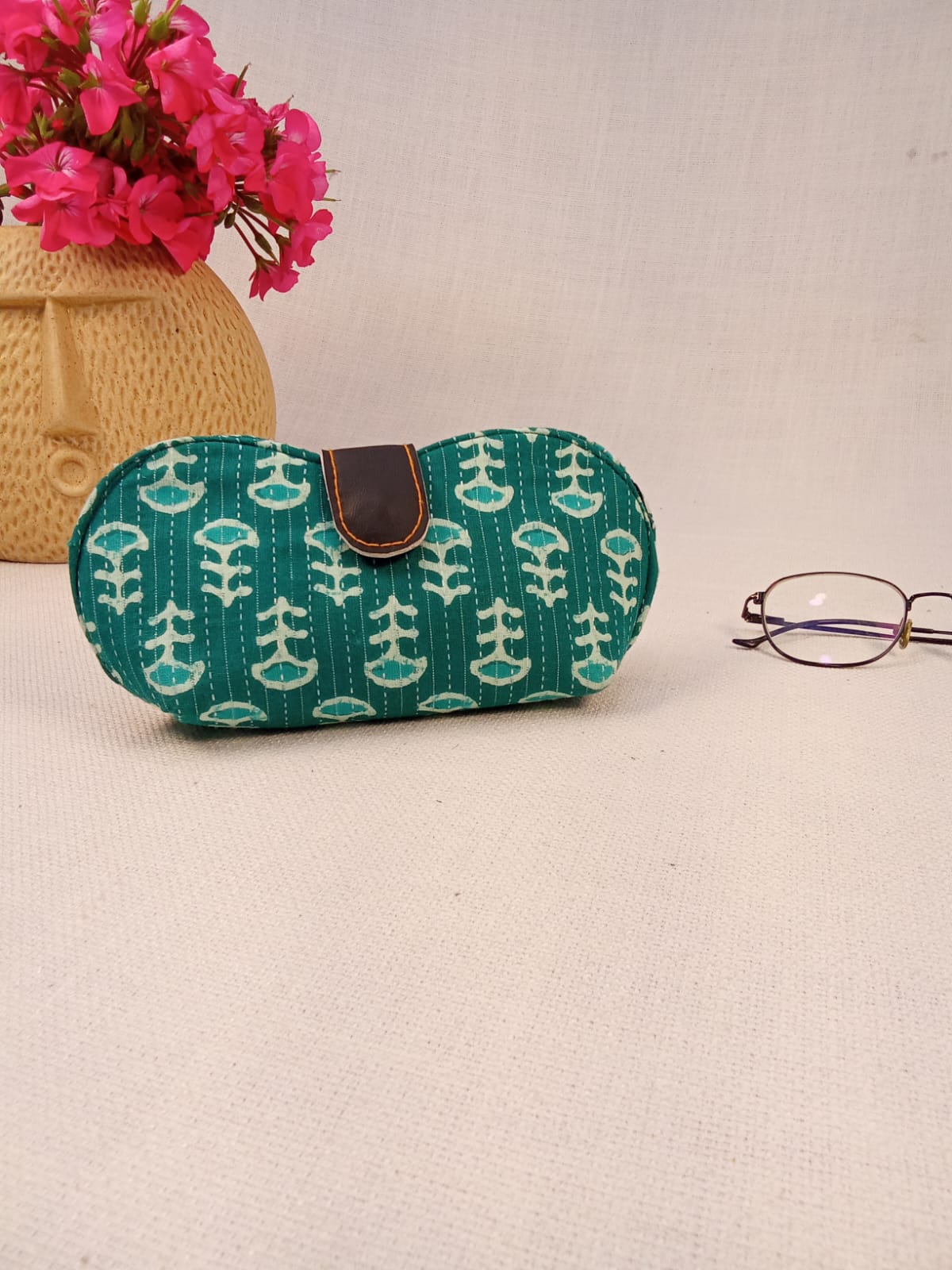 Block Print Teal Handmade Sunglass Case