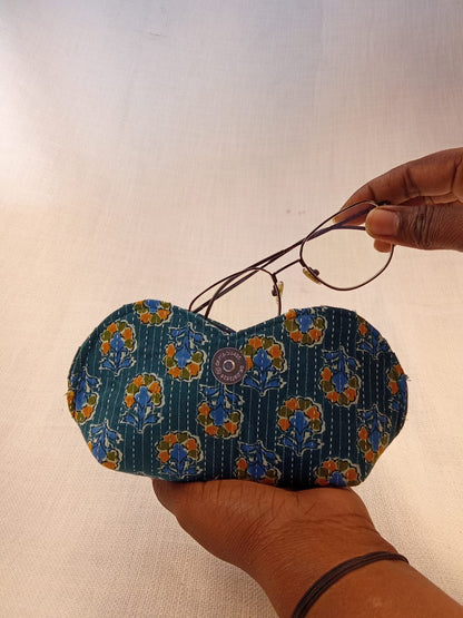 Hand Block Print Blue Handmade Sunglass Case with Kantha Stitching