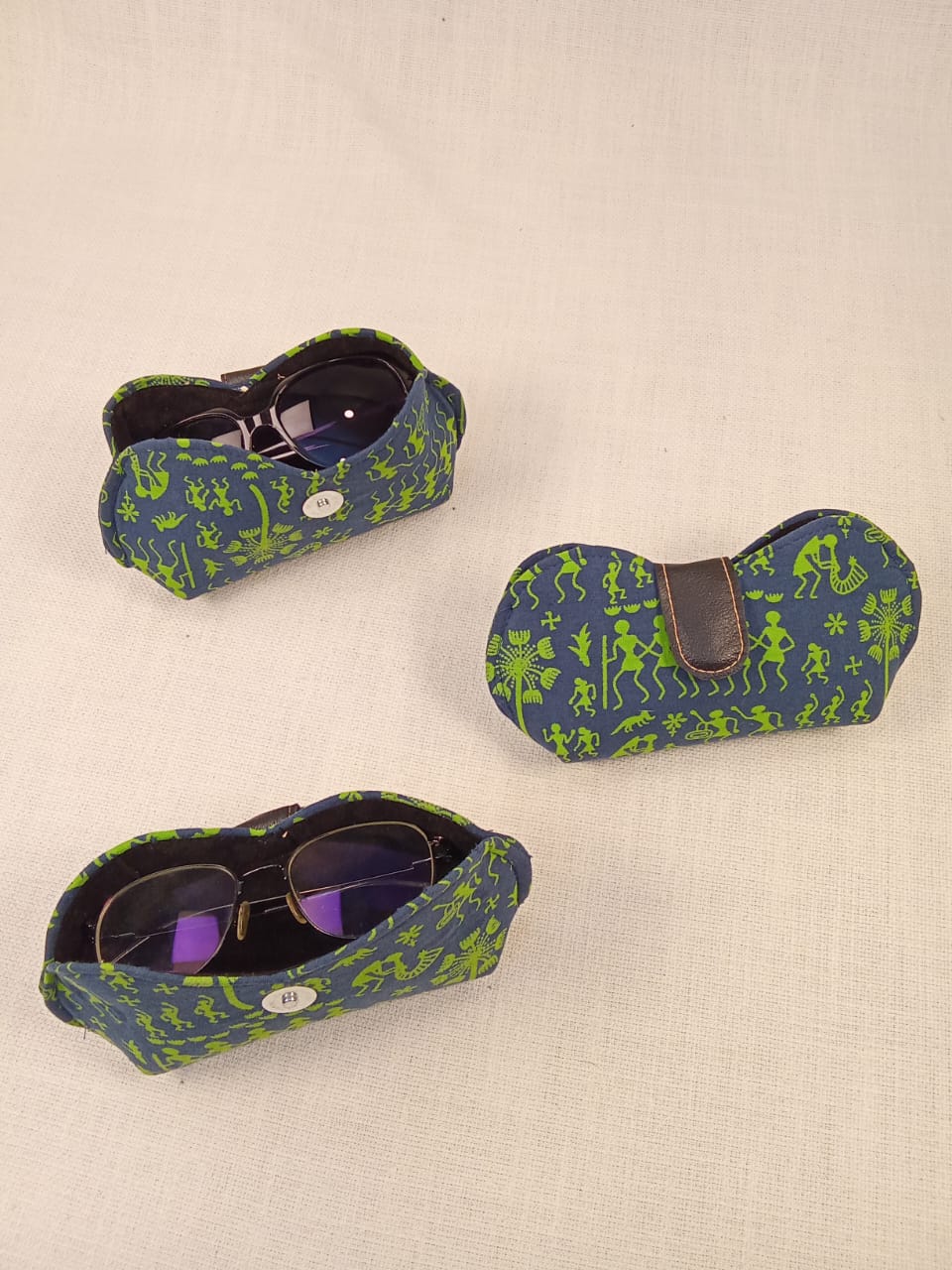 Warli Print Blue and Green Handmade Sunglass Case