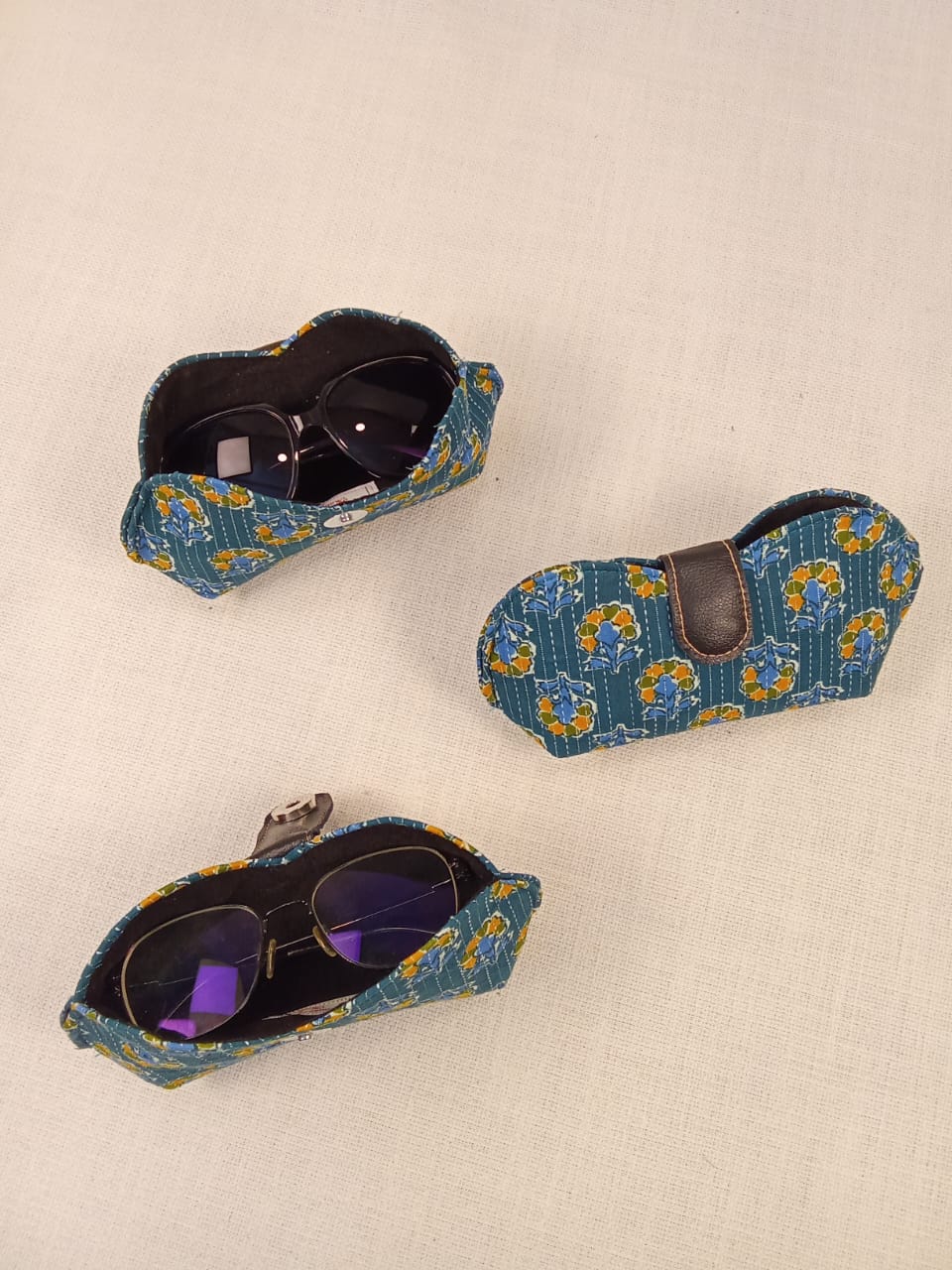 Hand Block Print Blue Handmade Sunglass Case with Kantha Stitching