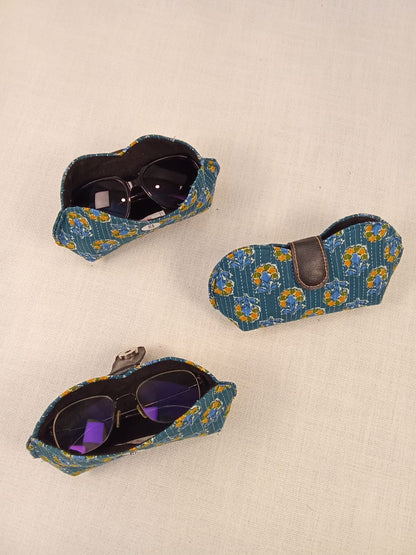 Hand Block Print Blue Handmade Sunglass Case with Kantha Stitching