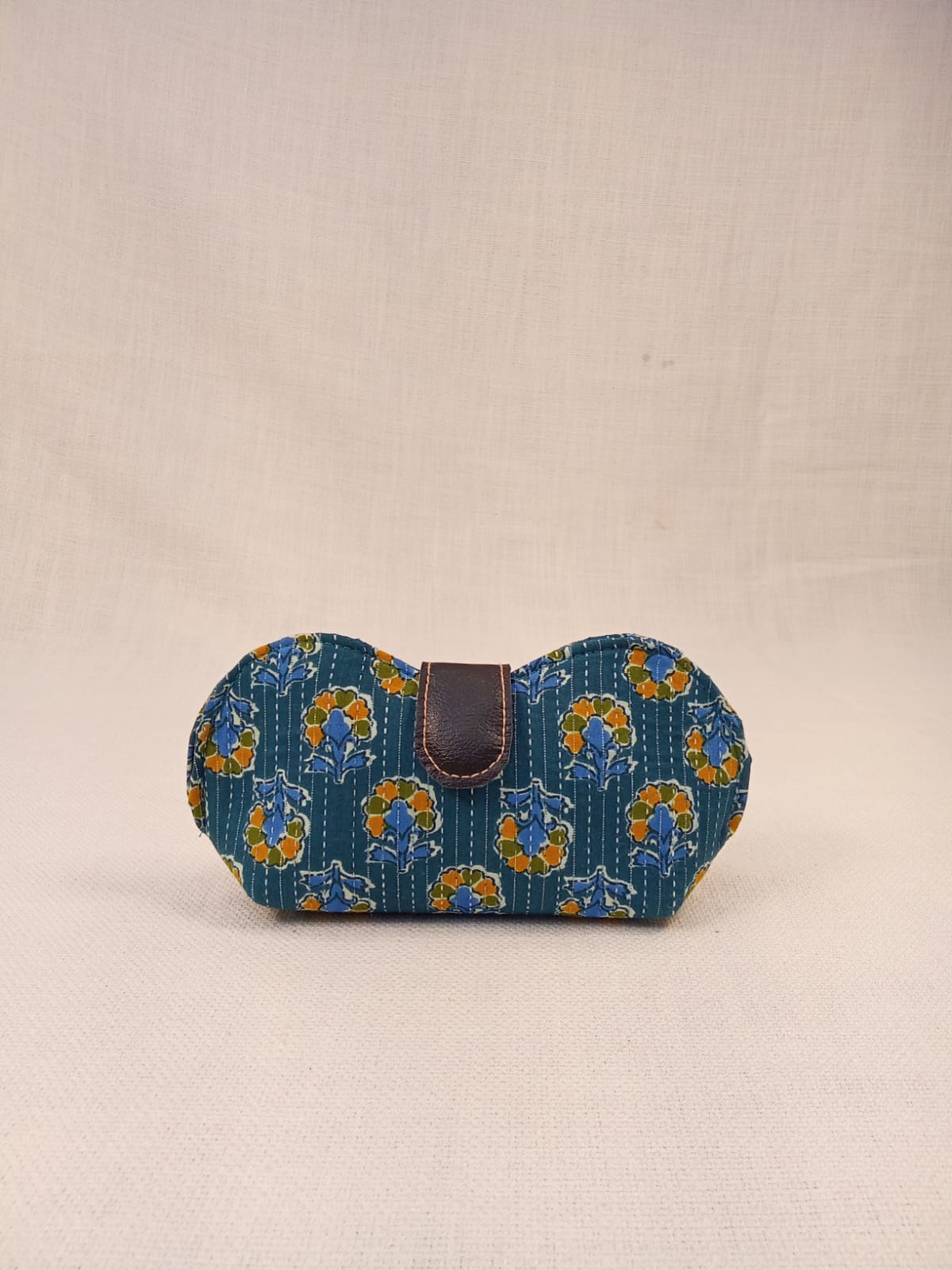 Hand Block Print Blue Handmade Sunglass Case with Kantha Stitching