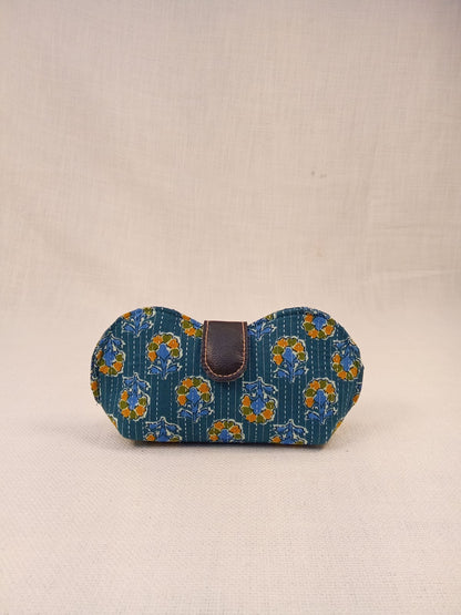 Hand Block Print Blue Handmade Sunglass Case with Kantha Stitching