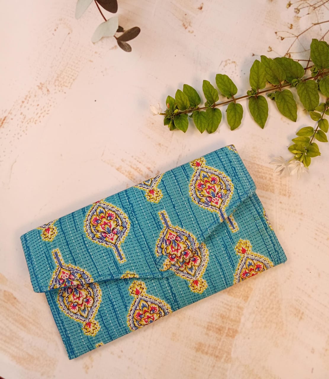 Set of Blue Block Print Clutch, Blue Chevron Eyewear Case, Floral Coin Pouch & Floral Print Diary - Work & Wonder