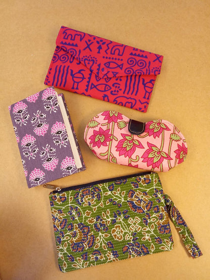 Set of Floral Diary, Warli Clutch, Floral Sunglass Case & Kalamkari Pouch