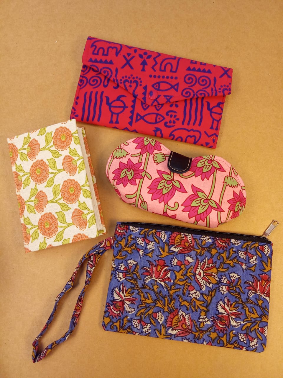 Set of Floral Diary, Warli Pouch, Sunglass Case & Kalamkari Clutch