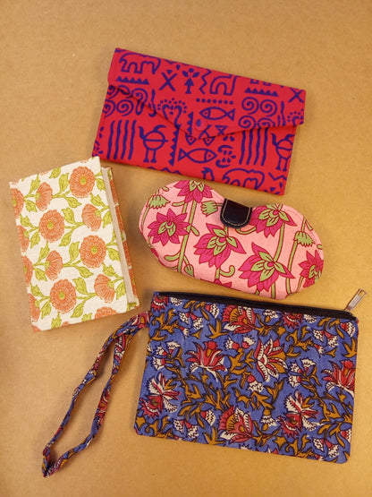 Set of Floral Diary, Warli Pouch, Sunglass Case & Kalamkari Clutch