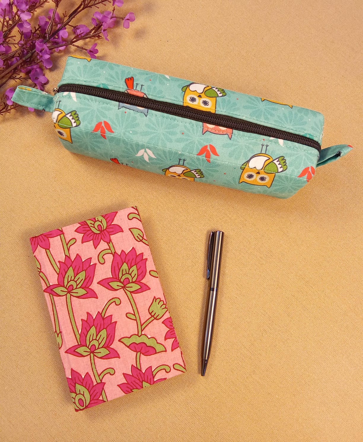 Lotus Print Diary & Teal Owl Pencil Pouch Desk Calm Set