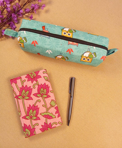 Lotus Print Diary & Teal Owl Pencil Pouch Desk Calm Set