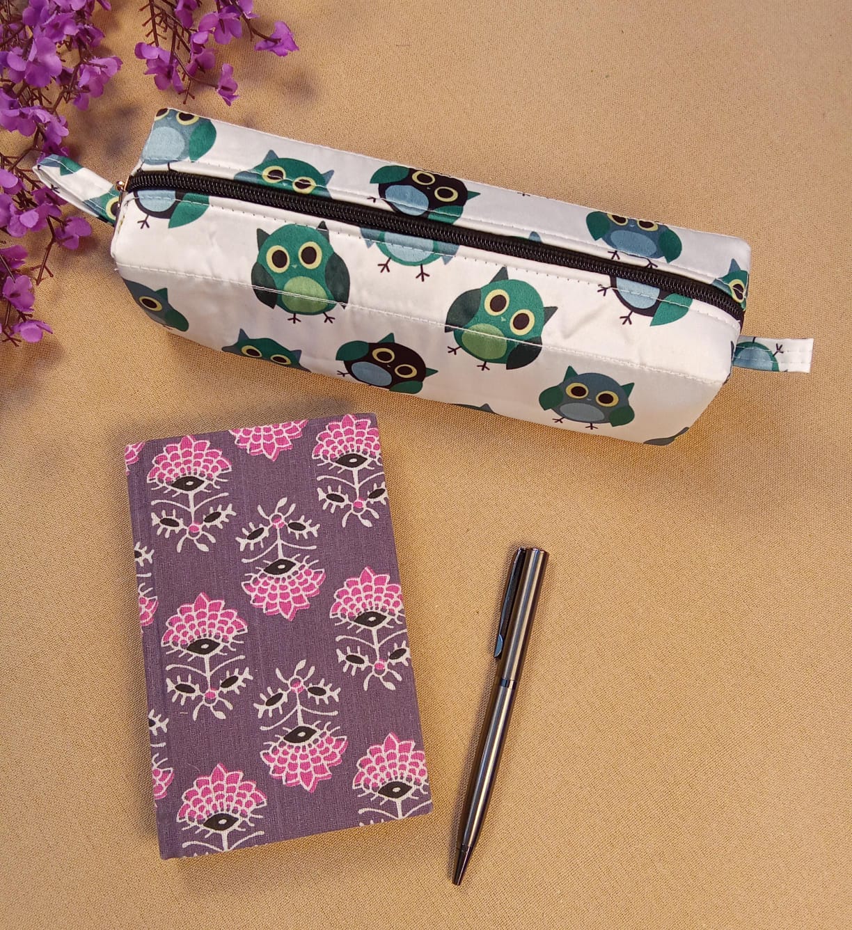 Mauve Floral Diary & Owl Pencil Pouch Desk Calm Set
