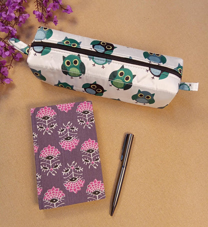 Mauve Floral Diary & Owl Pencil Pouch Desk Calm Set