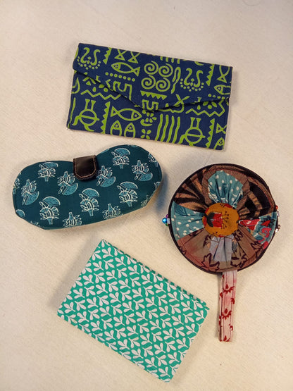 Set of Green Printed Diary, Blue Warli Print Clutch, Teal Floral Eyewear Case & Patchwork Coin Pouch - Work & Wonder