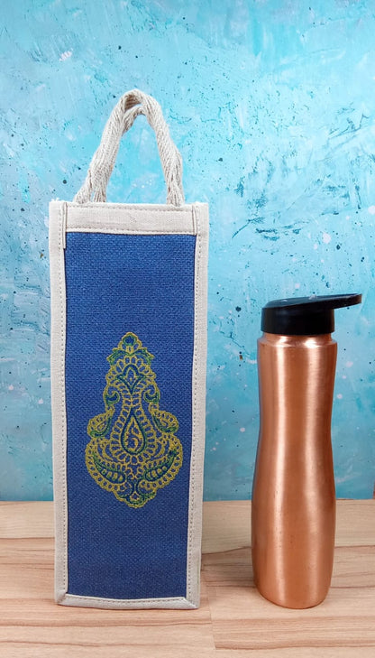 Handcrafted Blue Paisley Jute Bottle Cover