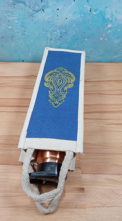 Handcrafted Blue Paisley Jute Bottle Cover