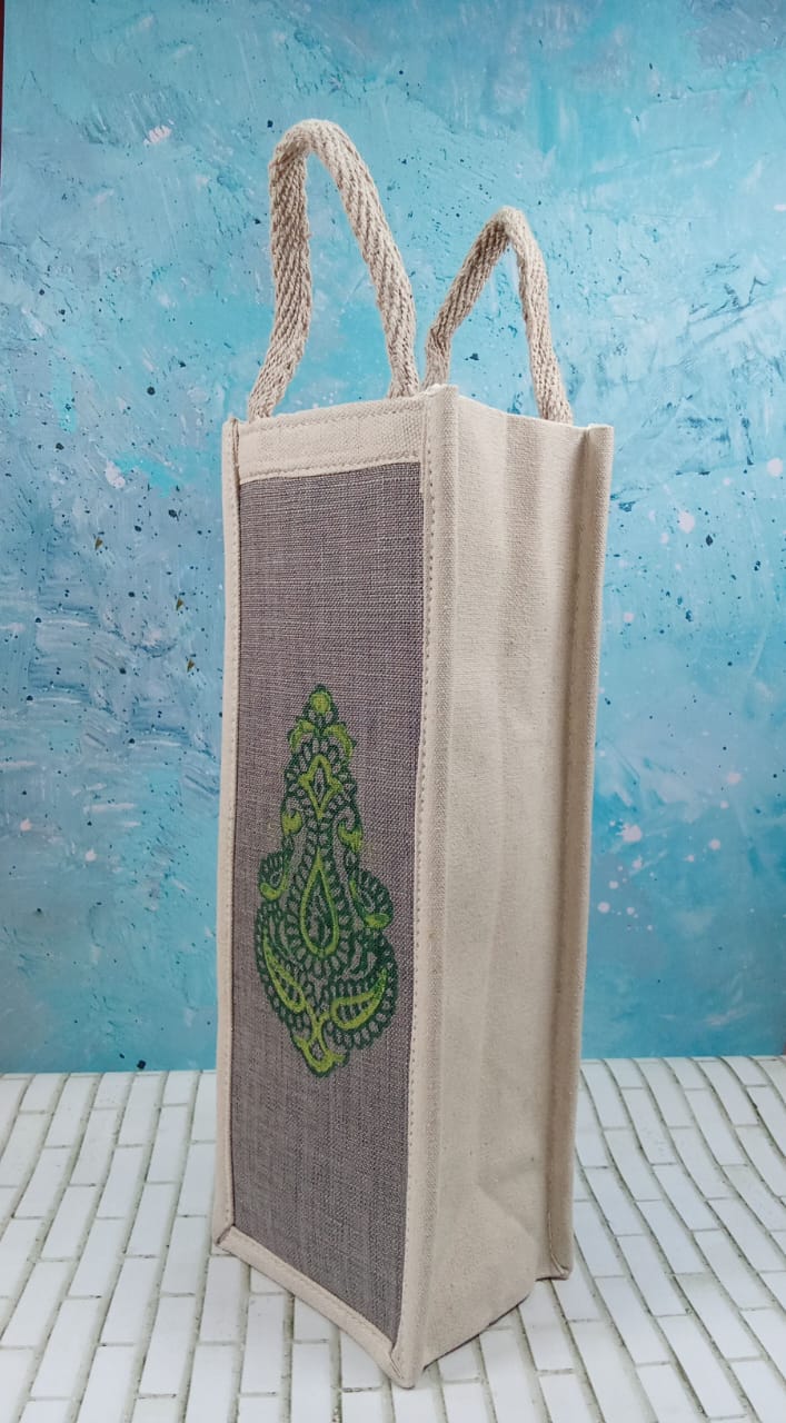 Handcrafted Green Paisley Jute Bottle Cover
