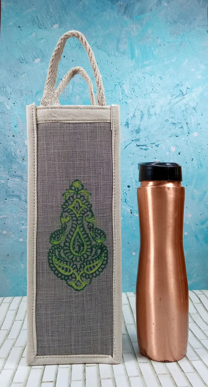 Handcrafted Green Paisley Jute Bottle Cover