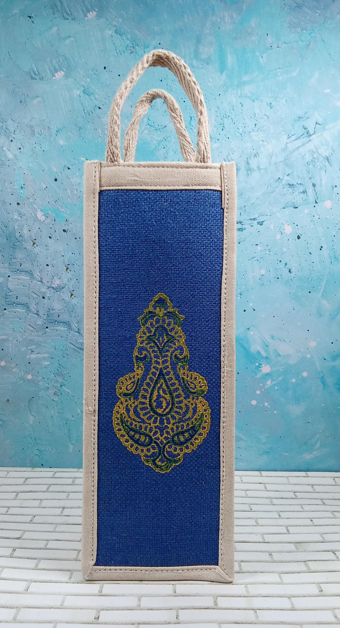Handcrafted Blue Paisley Jute Bottle Cover