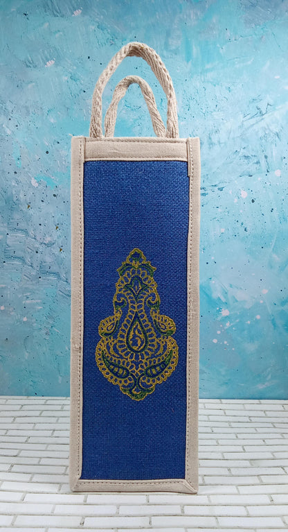 Handcrafted Blue Paisley Jute Bottle Cover