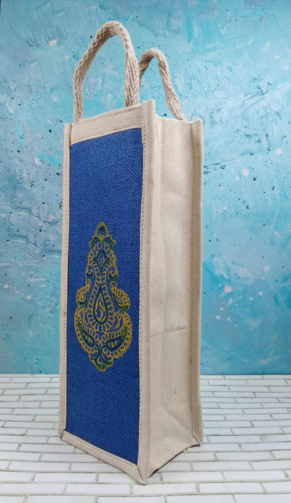 Handcrafted Blue Paisley Jute Bottle Cover