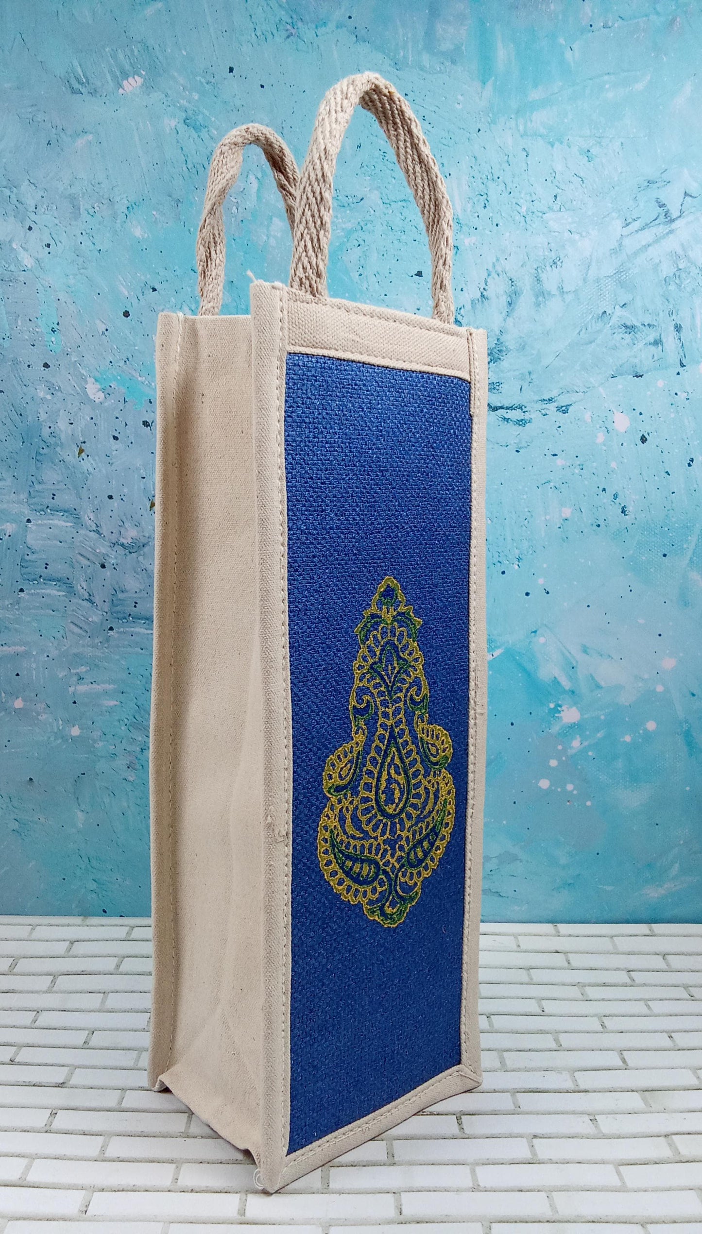 Handcrafted Blue Paisley Jute Bottle Cover